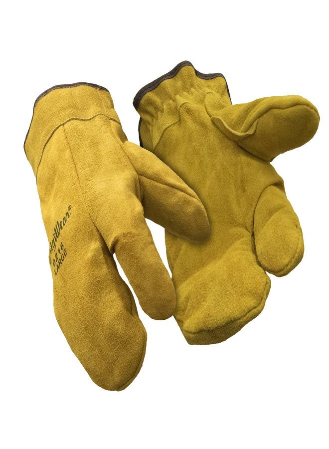 RefrigiWear Sherpa Lined Three Finger Split Cowhide Leather Mitten Work Gloves (Gold, Large) - Image 1